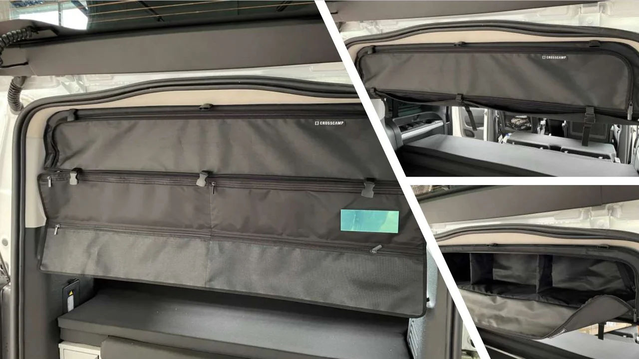 Crosscam Dachschranktasche verbaut in einem Crosscamp mit offenen Taschen